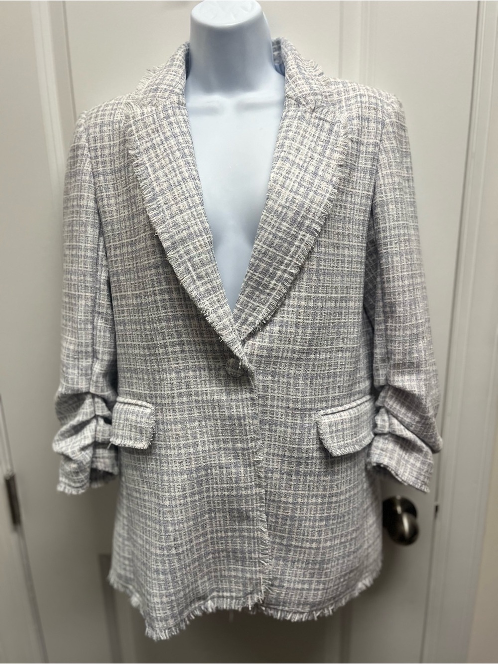 Maison d'Amélie Paris Tweed Blazer Jacket Blue Gray Fringe Ruched Wool Blend Sz4